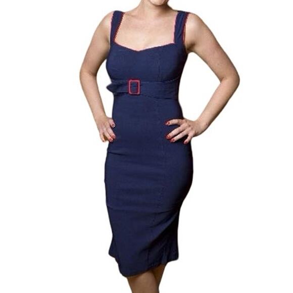 Pinup Couture Navy Blue Red Trim Belted Retro Wiggle Pencil Dress sz 2X / L NEW - Picture 1 of 12